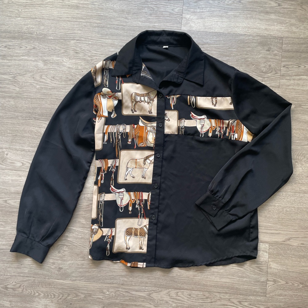 Women's Shirt Large Wild Horses Long Sleeve Button Up Equestrian Lasso Riding